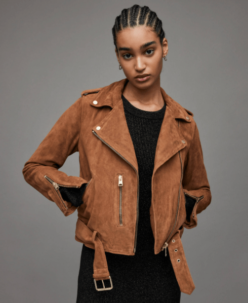 Shoppers can save £149.40 on the suede jacket at All Saints