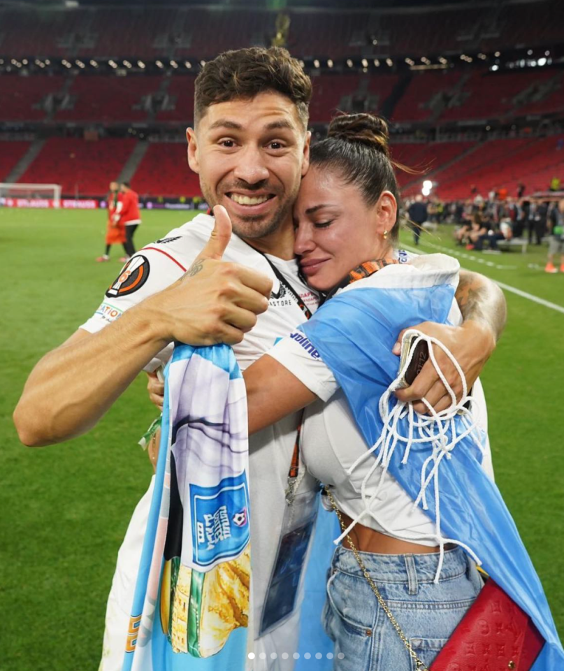 Holding back tears, Karina celebrates Montiel winning the Europa League