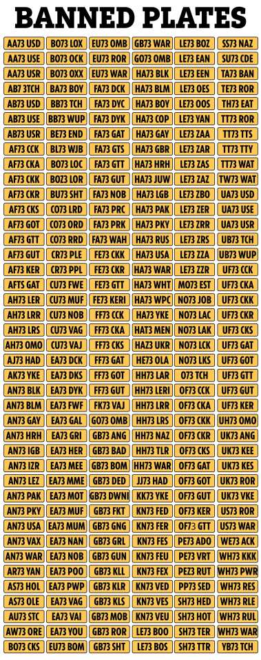 The full list of banned '73' number plates