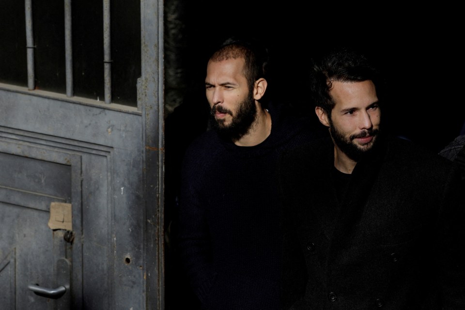 Andrew Tate and his brother Tristan outside the Bucharest Court of Appeal