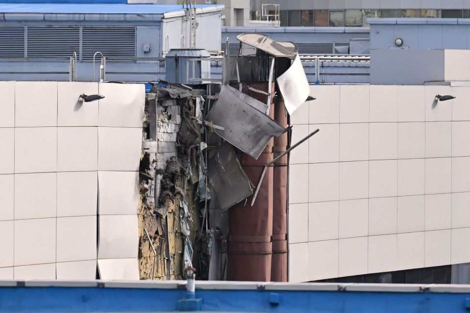 The damaged Expocentre building following a drone attack in Moscow