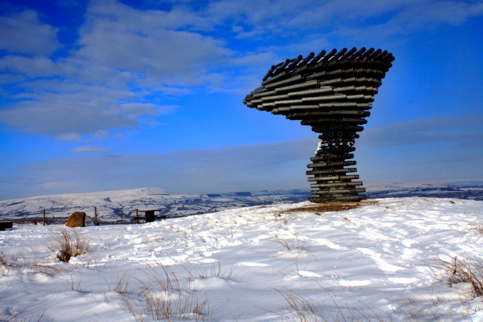 The Singing Ringing Tree can be found looking out over Burnley in Lancashire