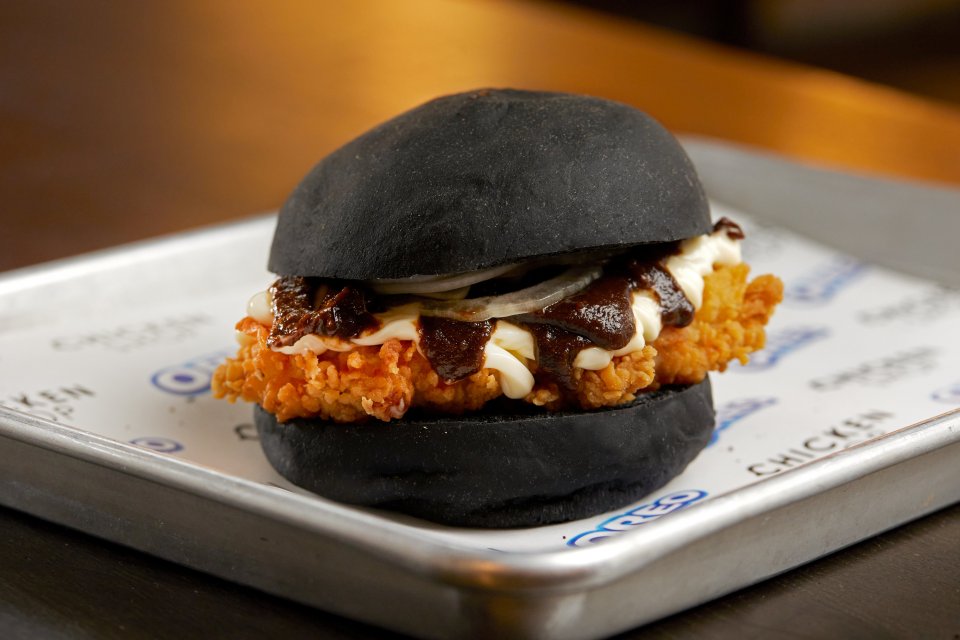 This is the new Big Twist Burger, from biscuit brand Oreo and a chain of chicken shops