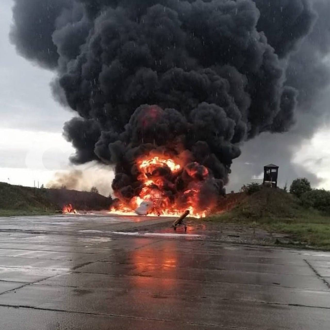 The aftermath of the suspected Ukrainian drone strike on the airfield