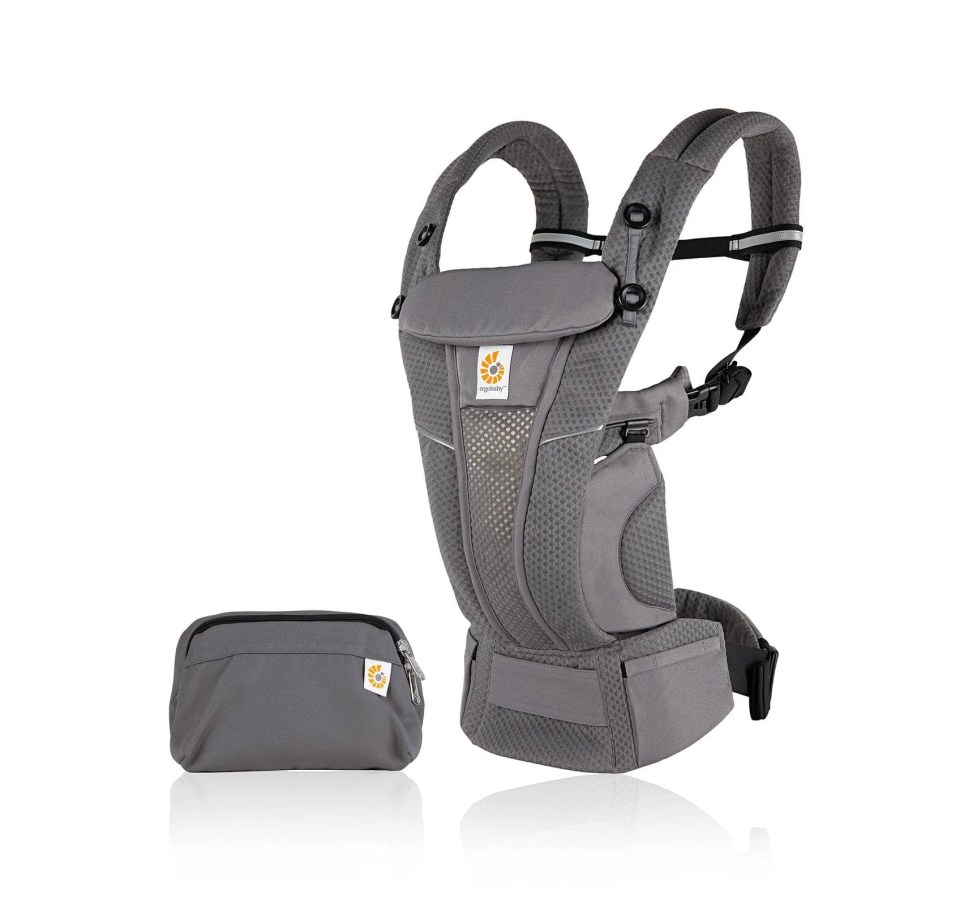 Gray baby carrier and matching storage pouch.