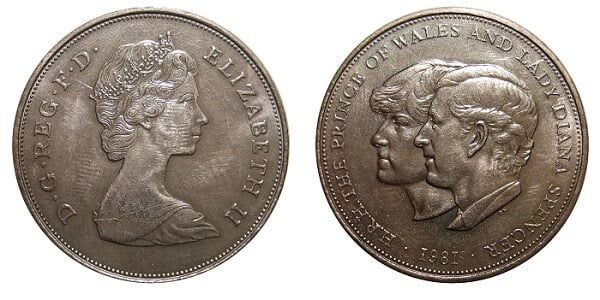 This coin marked King Charles' first marriage, to Princess Diana 