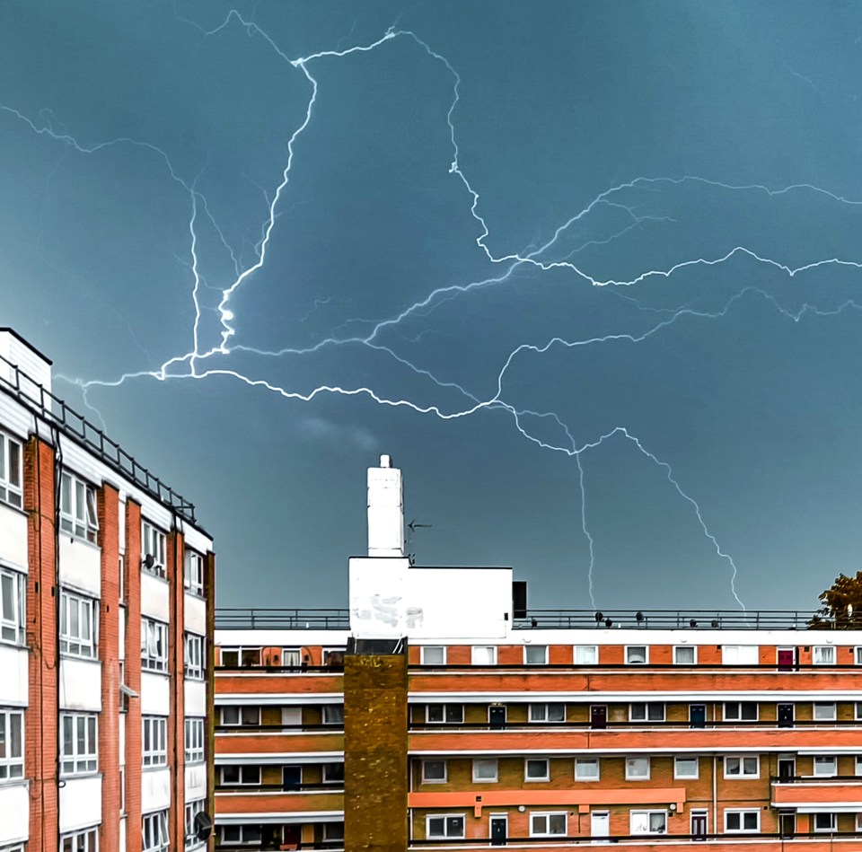 Lightning streaks appeared in London on Saturday afternoon after weekend yellow weather warnings were issued