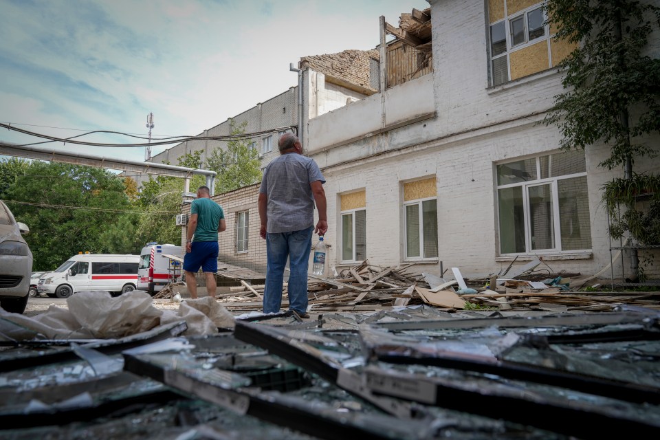 The suspected mortar blast tore through the hospital in southern Kherson