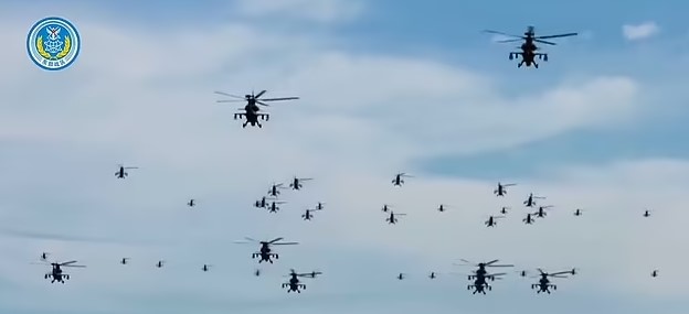 A fleet of helicopters part of the montage