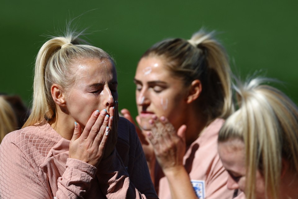 The England players applied sun cream to ward off the Aussie sun as the entered their final preparations for tomorrow's final