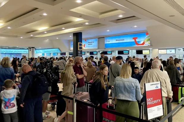 Passengers at Birmingham Airport this morning with flights still delayed and cancelled