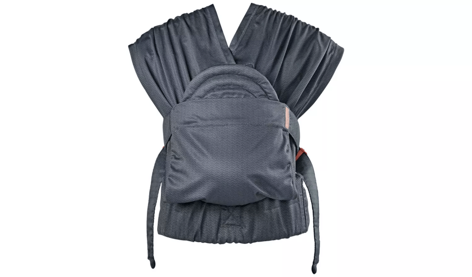 Gray baby carrier with textured fabric.