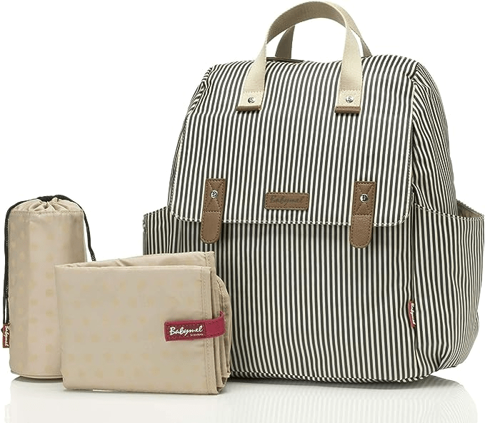 Striped diaper bag with changing mat and bottle bag.