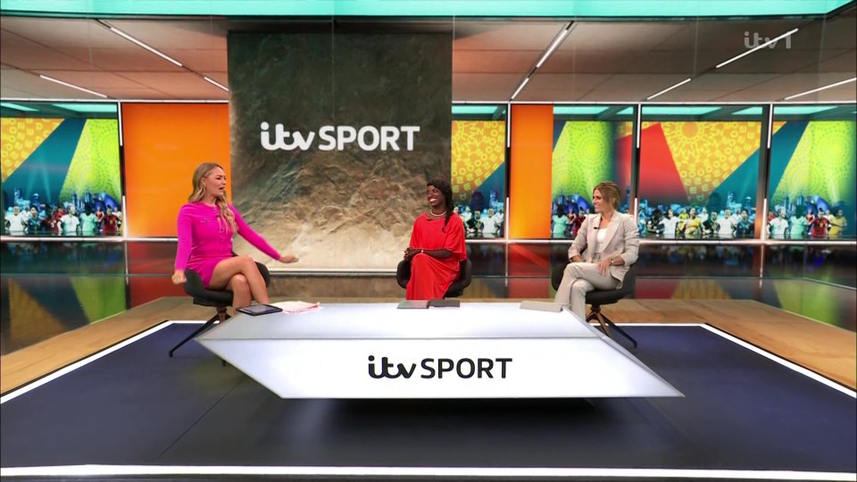 three women sit in front of a itv sport sign