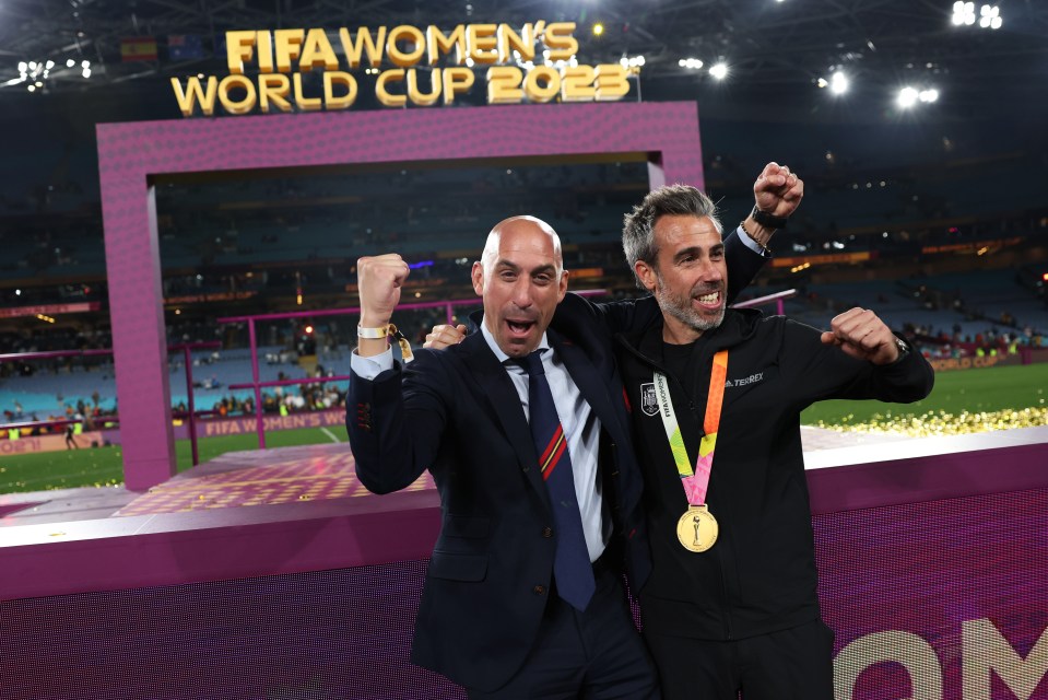 Rubiales celebrates Spain's Women's World Cup win with head coach Jorge Vilda