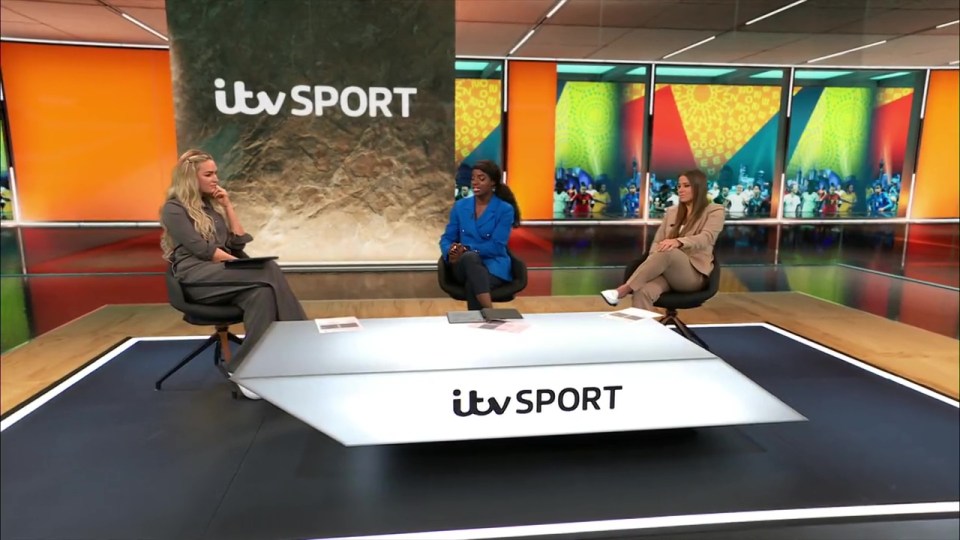 three women sit at a table with itv sport written on it