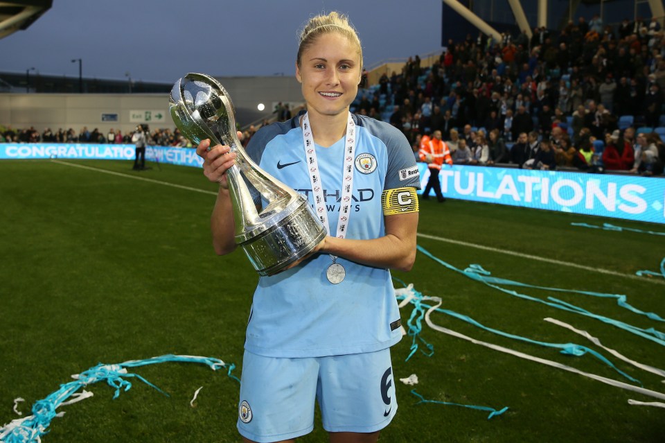 Manchester City Women v Birmingham City Ladies, Women's Super League, Academy Stadium, Steph Houghton celebrates with the trophy after the Women's Super League match at the Academy Stadium, Manchester   (Photo by Manchester City FC via Getty Images)