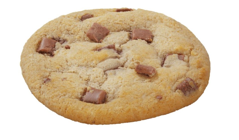 a close up of a chocolate chip cookie on a white background