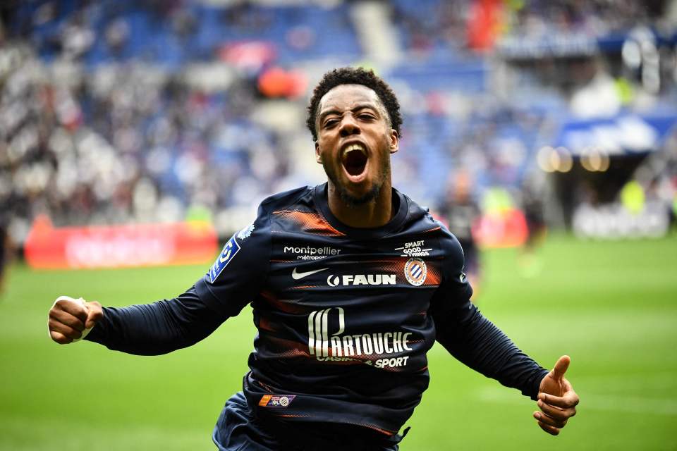 Elye Wahi celebrates after a goal with Montpellier