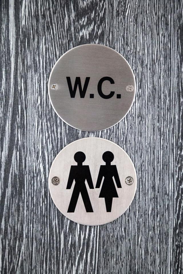 2A1GF1J Sign for unisex toilet on a grey door