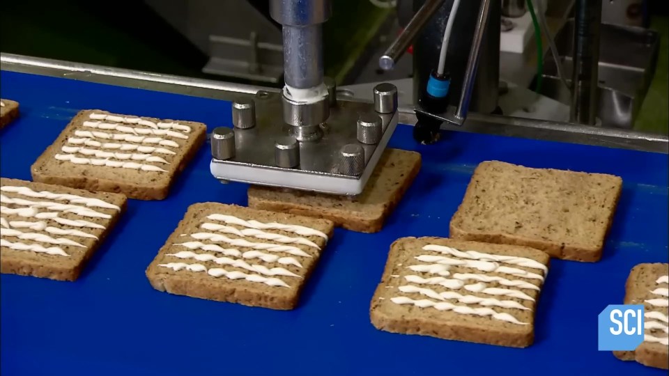 An automated machine applies the right type and quantity of mayonnaise