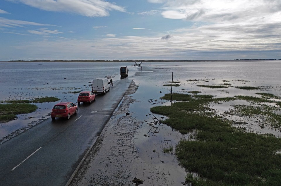 The queues heading on to the causeway