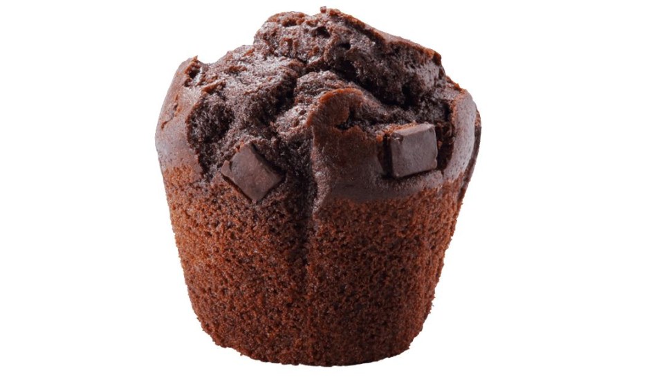 a close up of a chocolate muffin on a white background