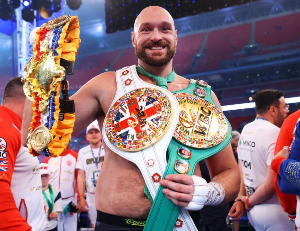 LONDON, ENGLAND - APRIL 23: Tyson Fury is victorious as he defeats Dillian Whyte during their WBC heavyweight championship fight at Wembley Stadium on April 23, 2022 in London, England. (Photo by Mikey Williams/Top Rank Inc via Getty Images)