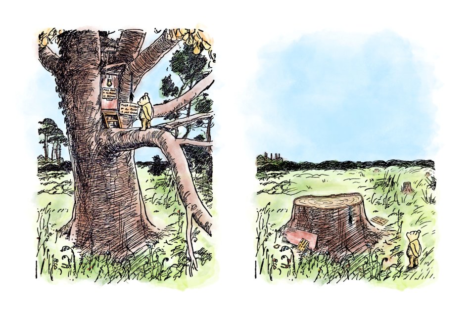 Winnie-The-Pooh: The Deforested Edition features new illustrations of the book's characters in a deforested Hundred Acre Wood