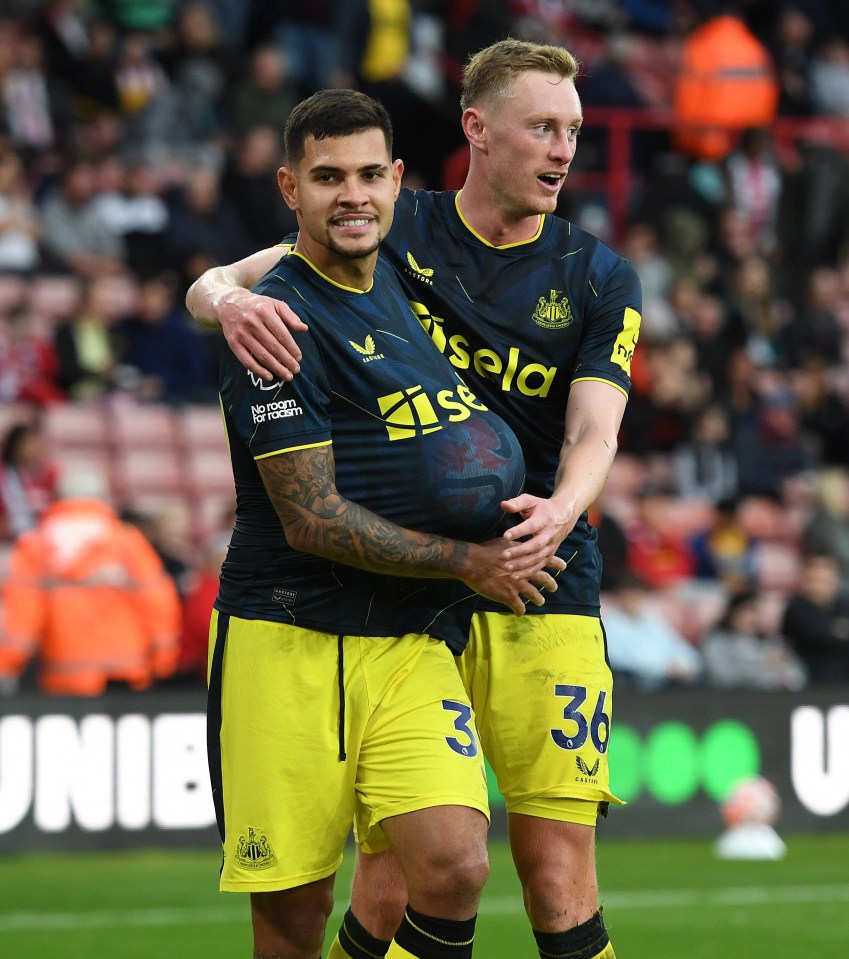 Bruno Guimaraes and Sean Longstaff celebrating