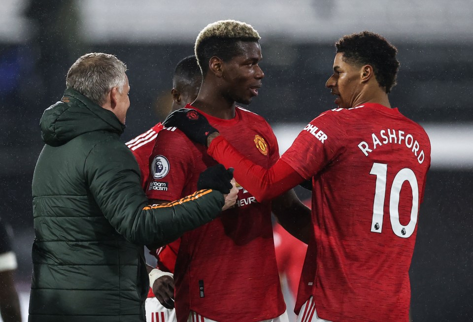 Ole Gunnar Solskjaer with Paul Pogba and Marcus Rashford