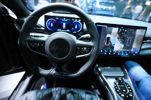 BYD Seal electric sedan steering wheel and dashboard at the Munich Motor Show.