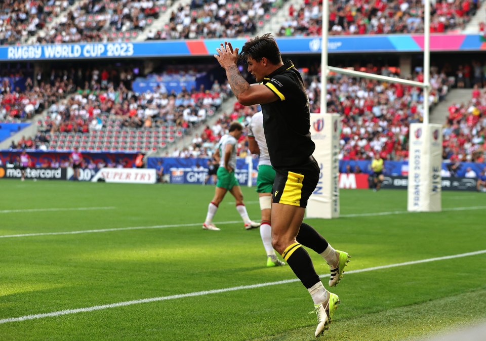 Rees-Zammit of Wales celebrates after scoring