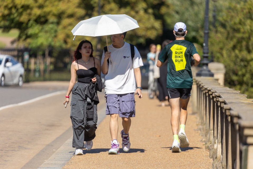 Walkers using an umbrella to shade themselves as they enjoy the sunshine in Hyde Park