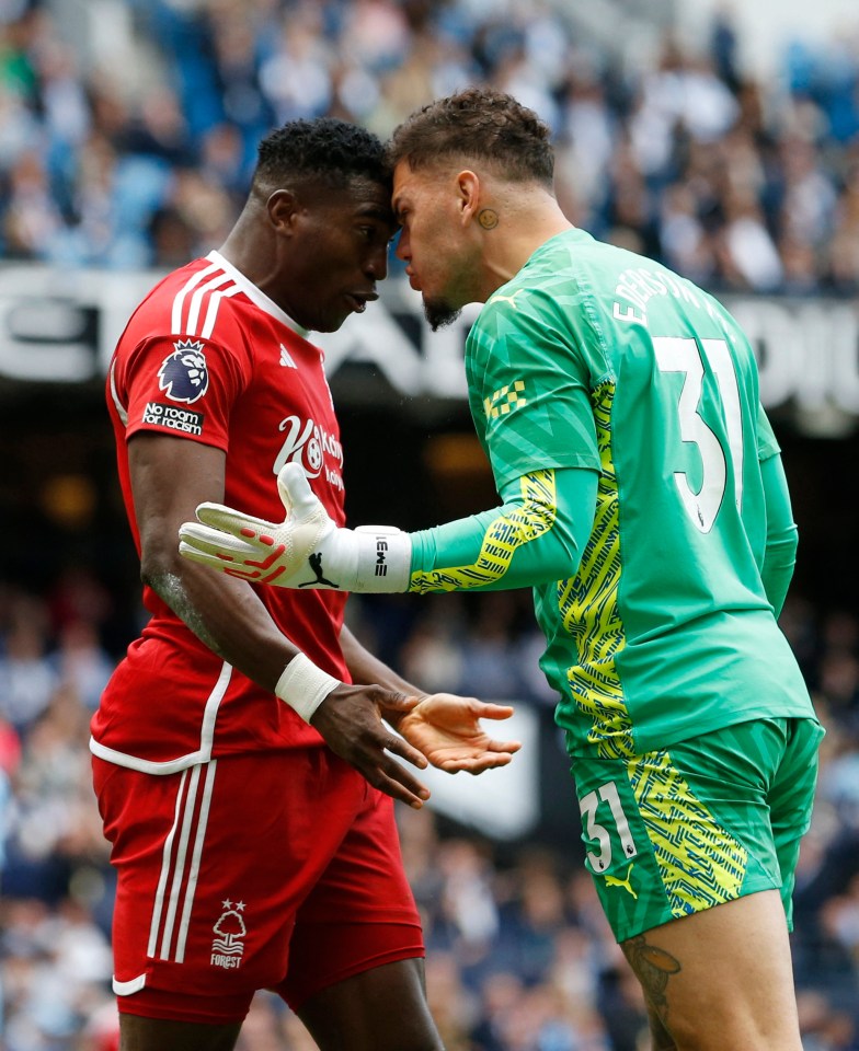 Ederson was also involved in a furious bust up with Taiwo Awoniyi moments later