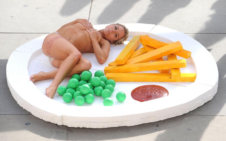 The infamous Peta shoot in November 2011, saw her posing topless on a huge plate of food in London’s Trafalgar Square