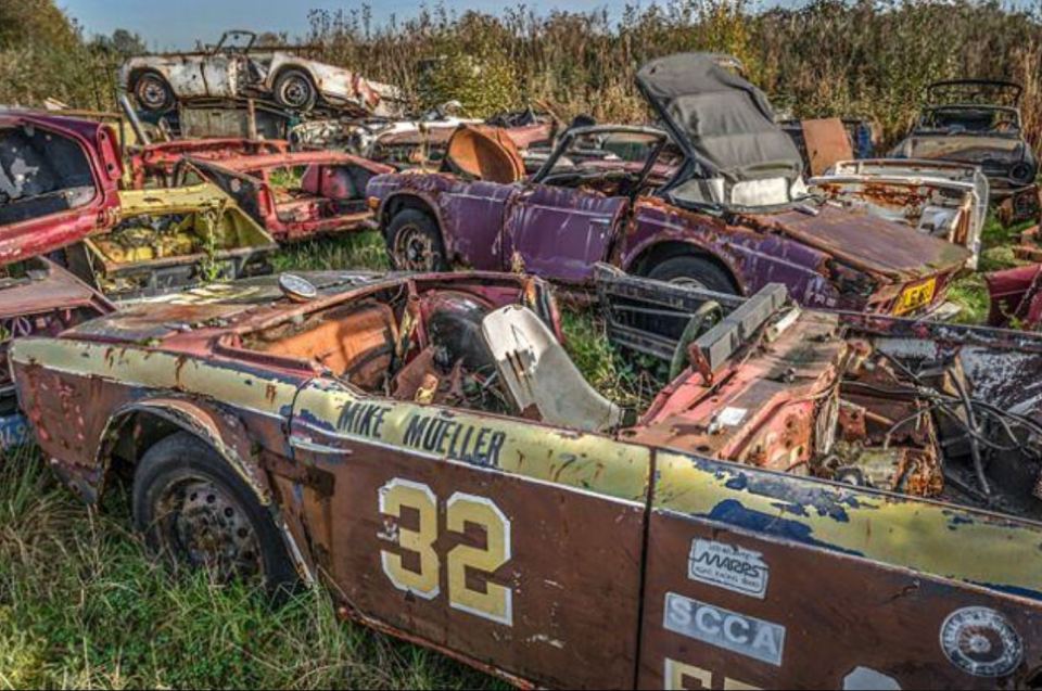 Dozens Triumph cars have been left to rot in an abandoned airport