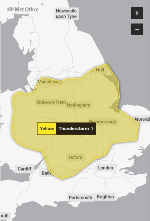 The Met Office has a yellow weather warning in place today which starts at 2pm