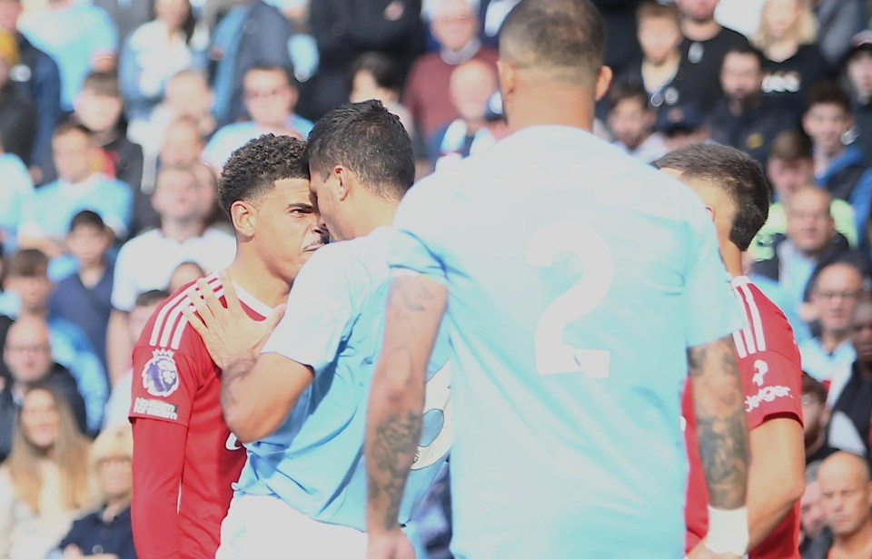 Rodri and Gibbs-White were involved in a heated bust-up before the throat grab