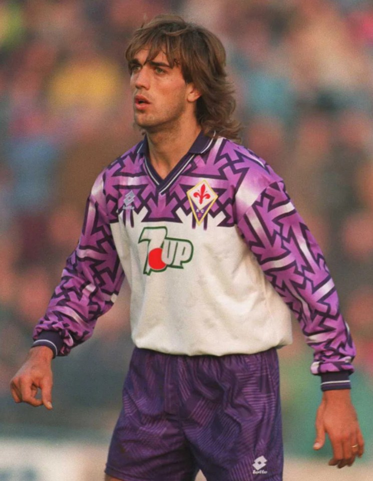 Gabriel Batistuta models Fiorentina's controversial 1992-1993 away jersey