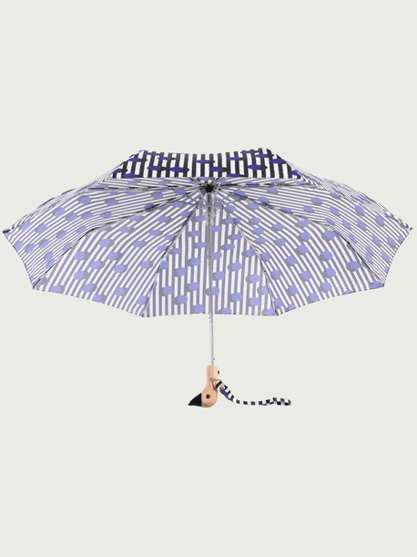 Umbrella with a duck-shaped handle and purple polka dot and stripe pattern.