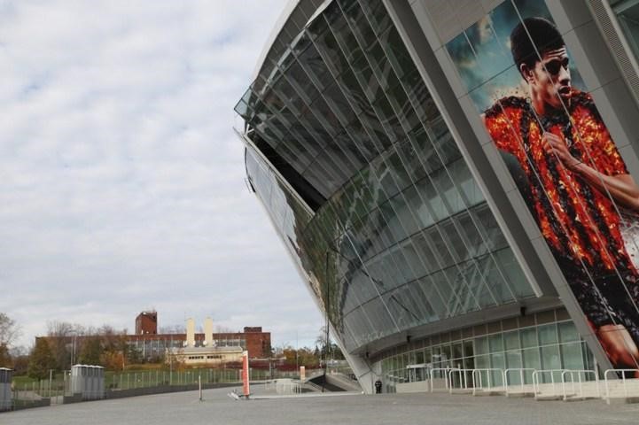 One of the stadium's large glass panels fell off as a result of shelling