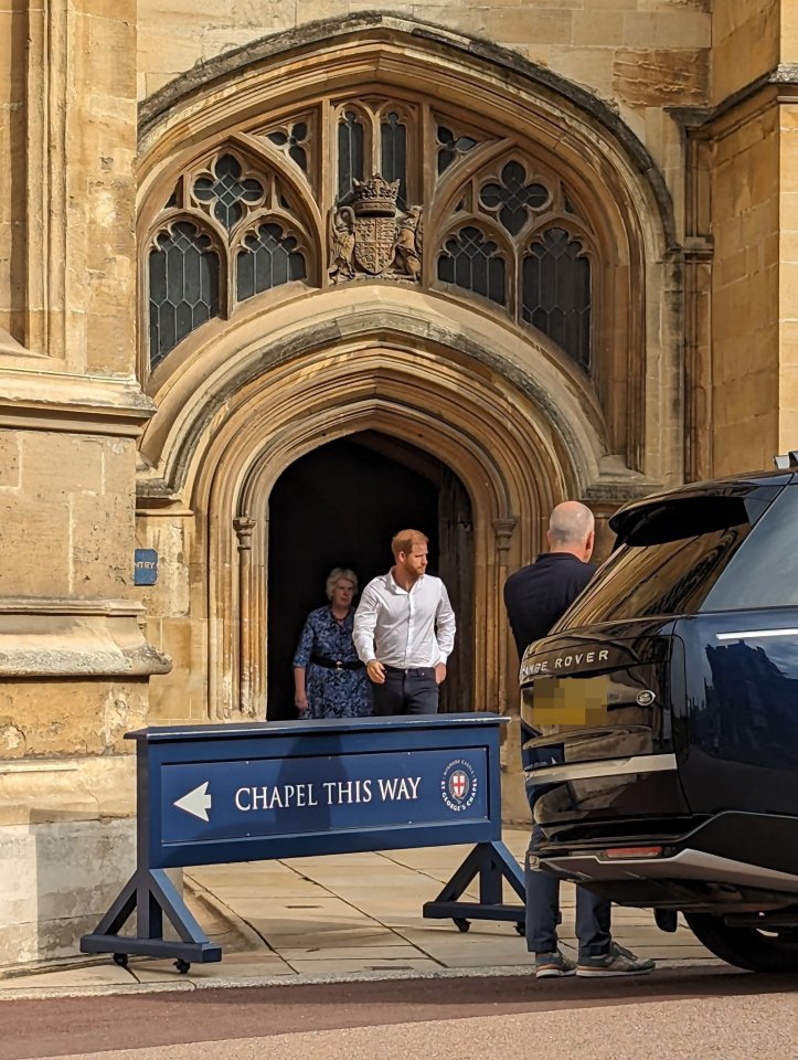 Prince Harry was spotted leaving St George's Chapel today, the Queen's final resting place