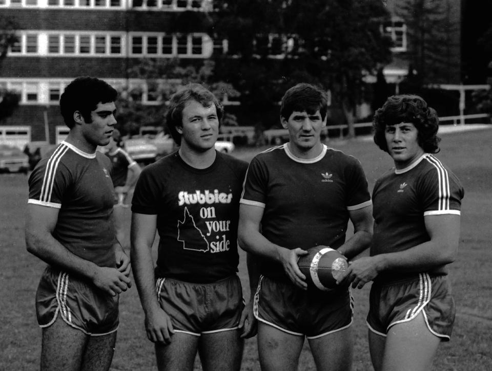 Mal Meninga, Wally Lewis, John McDonald (coach) and Chris Close before their 1980 match with New South Wales