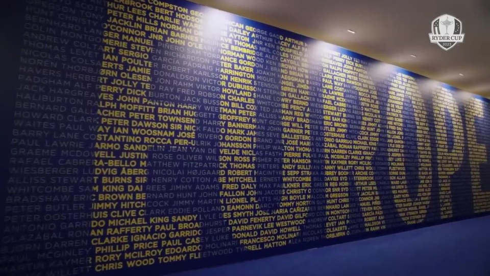 The "history wall" contains all 168 players who have represented Europe at the Ryder Cup