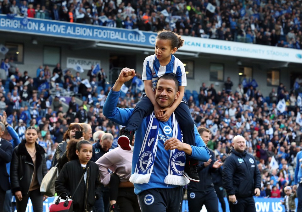 Brighton & Hove Albion's Liam Rosenior celebrates promotion during a parade around the pitch following the Sky Bet Championship match at the AMEX Stadium, Brighton. PRESS ASSOCIATION Photo. Picture date: Saturday April 29, 2017. See PA story SOCCER Brighton. Photo credit should read: Gareth Fuller/PA Wire. RESTRICTIONS: EDITORIAL USE ONLY No use with unauthorised audio, video, data, fixture lists, club/league logos or "live" services. Online in-match use limited to 75 images, no video emulation. No use in betting, games or single club/league/player publications.