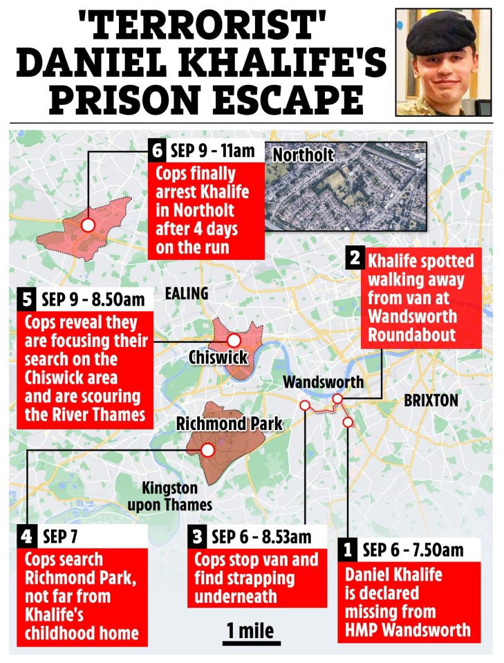 The search for Khalife spread across south-west London to north of the river