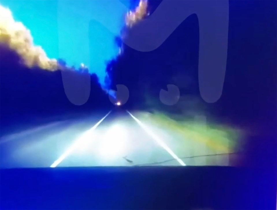 A flash of light from a drone explosion in Tver region, Russia.