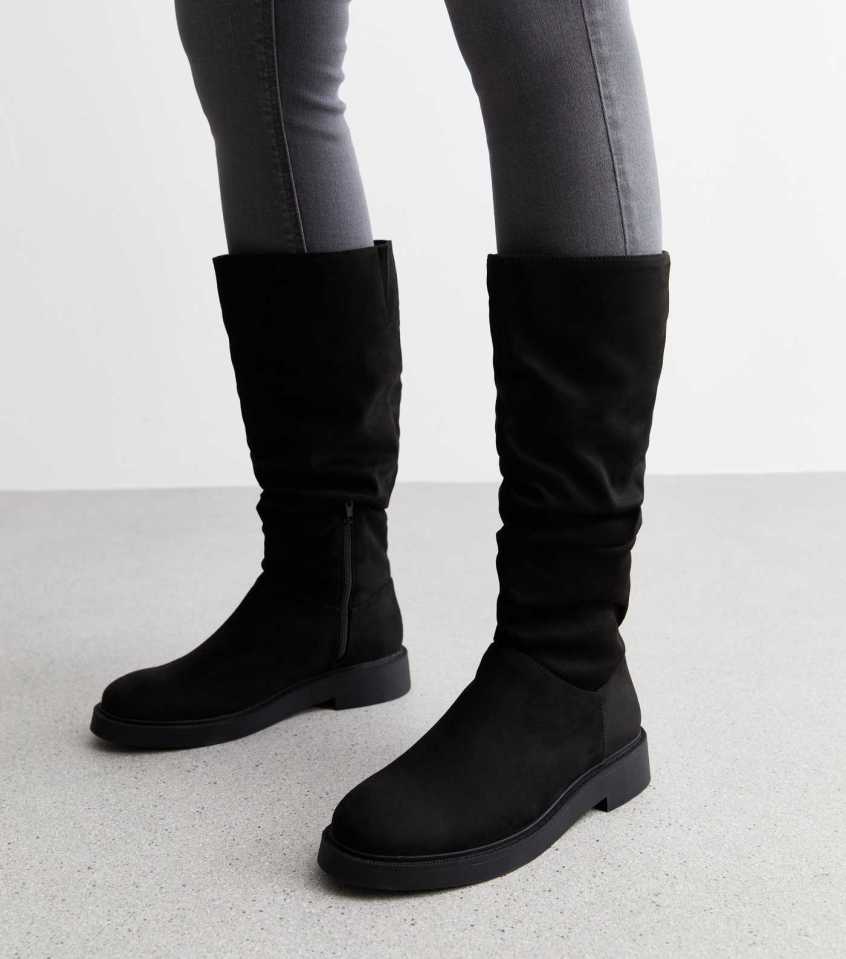 New Look Wide Fit Black Suedette Slouchy Knee High Boots