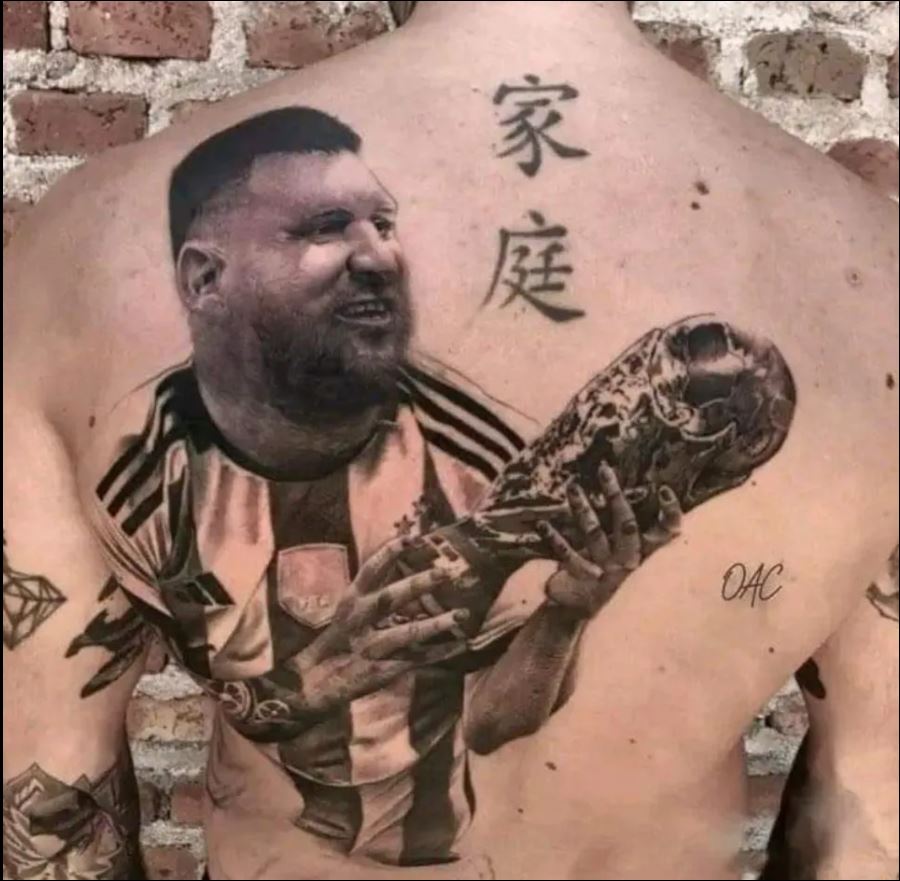 A fan had Lionel Messi holding the World Cup inked on his back but the Argentine star's face is slightly out of proportion